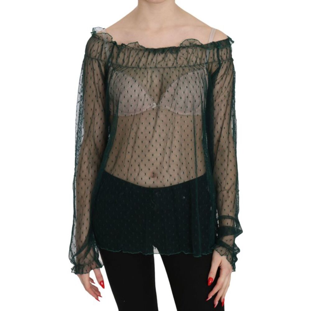 PINK MEMORIES Green Mesh See Through Long Sleeve Top Women's Blouse